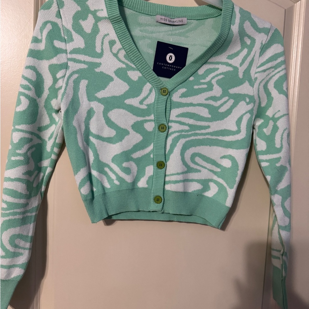 Green and White Cropped Cardigan Sweater